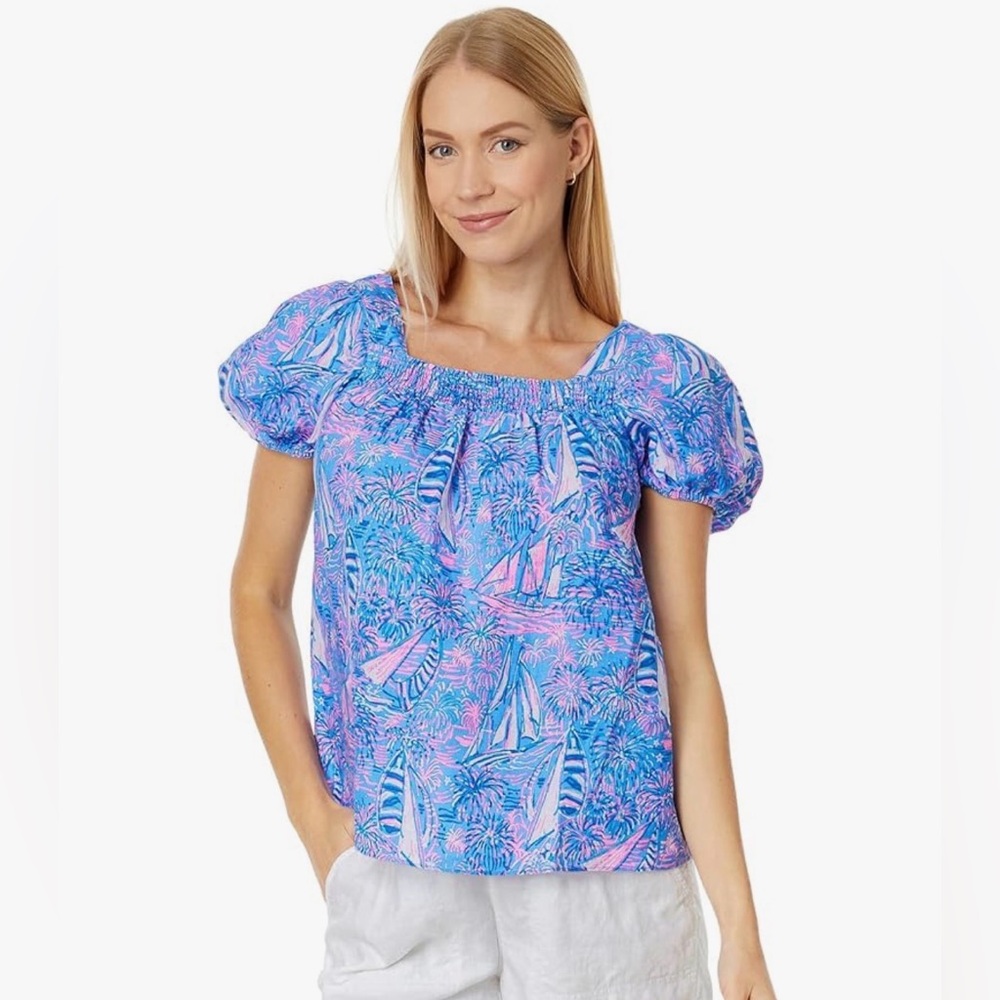 Lilly Pulitzer Keating Puff Sleeve Linen Top Blue Pink Celebration 6 Medium